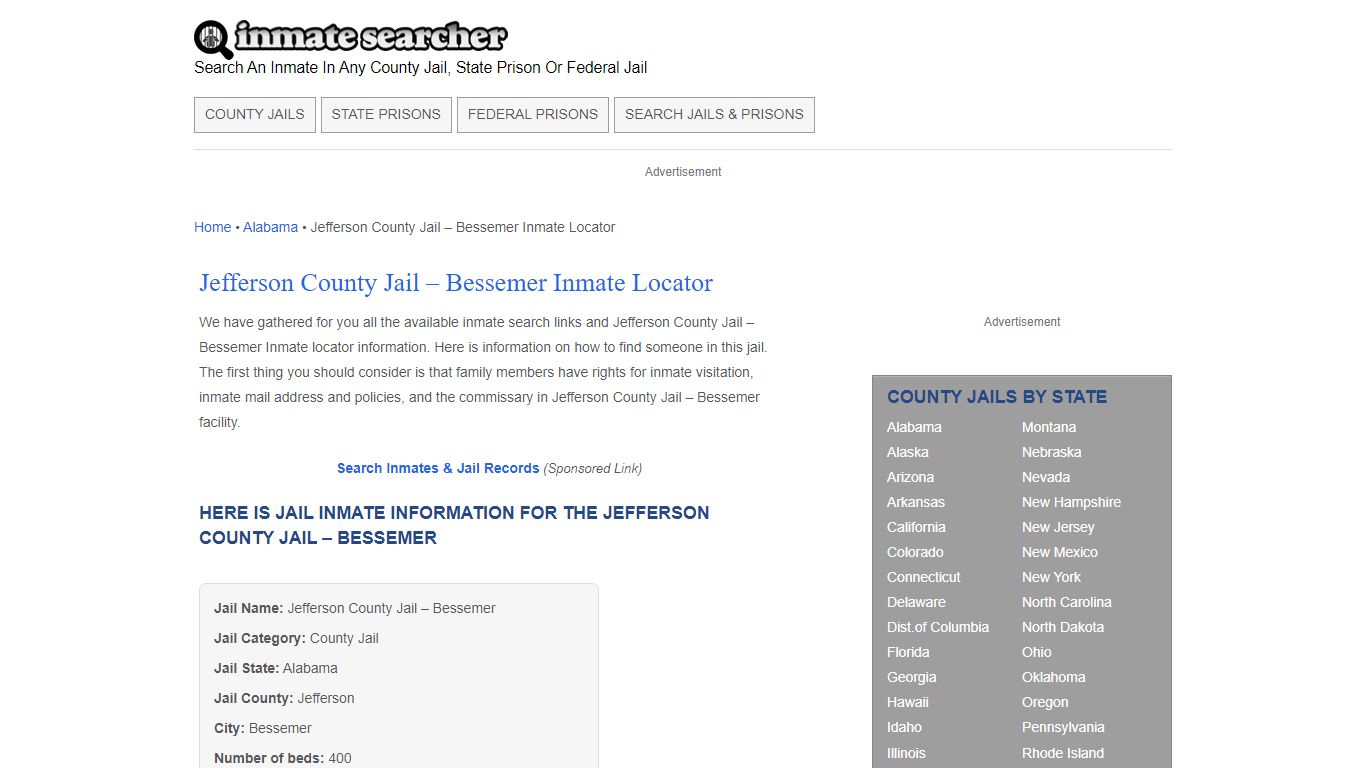 Jefferson County Jail – Bessemer Inmate Locator - Inmate Searcher